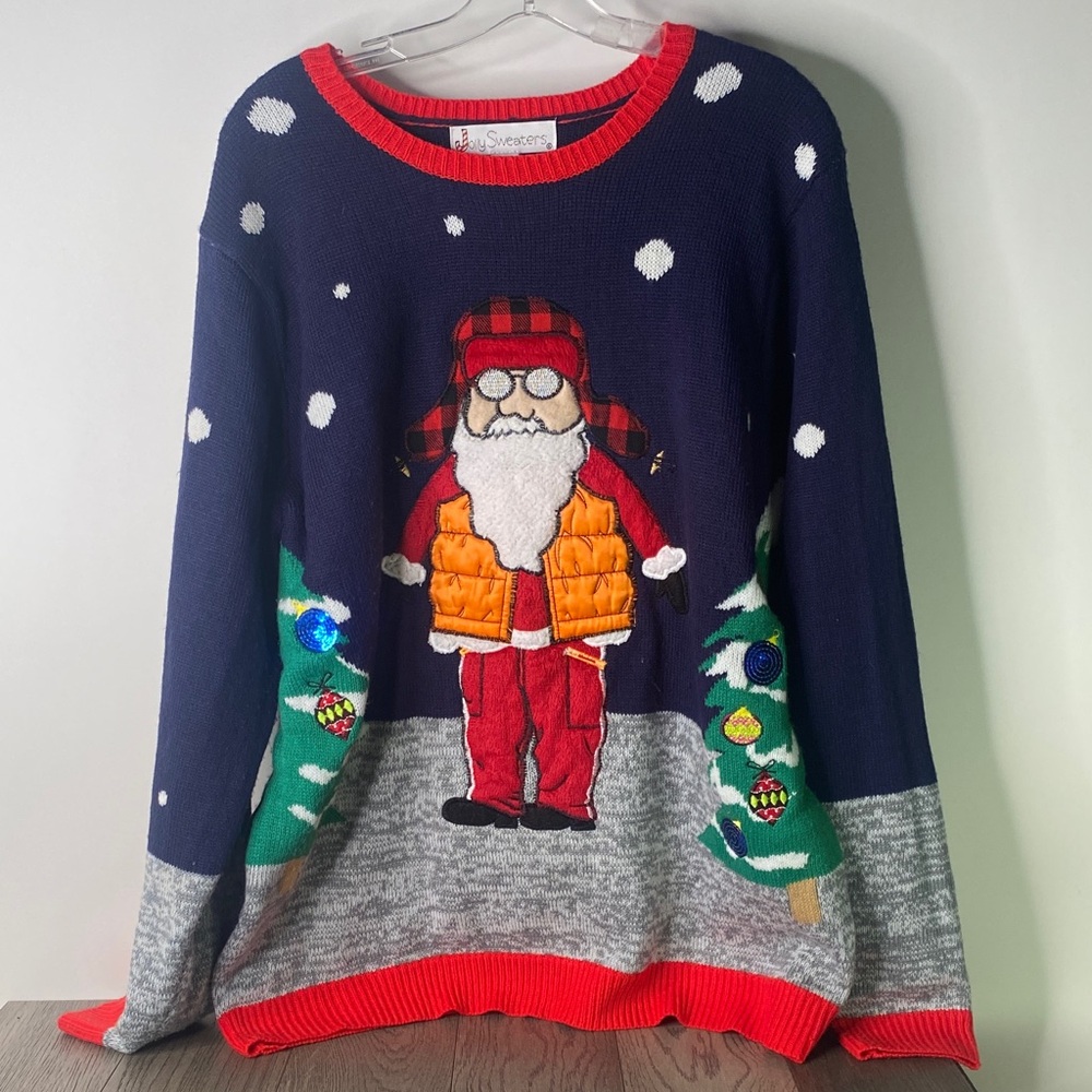 Jolly Sweater Holiday Santa Sweater - Navy and Gray Men’s Size XL